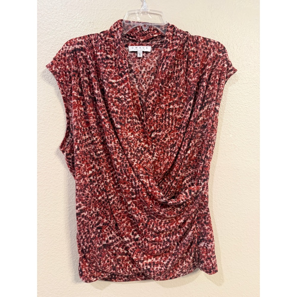 Chaus New York Womens XL Red Abstract Animal Print Surplice Ruched Blouse Top